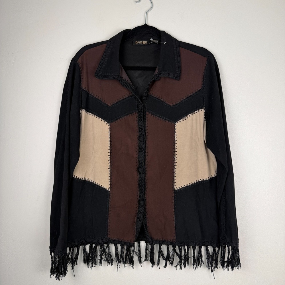Vintage Canyon Road Western Jacket Womens XL Black Brown Fringe Hem Button Front